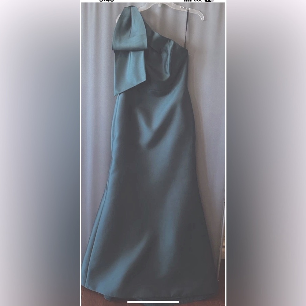 Alfred Sung Bow One-Shoulder Satin Twill Mermaid Gown,evergreen,sz 6, New - Picture 4 of 8